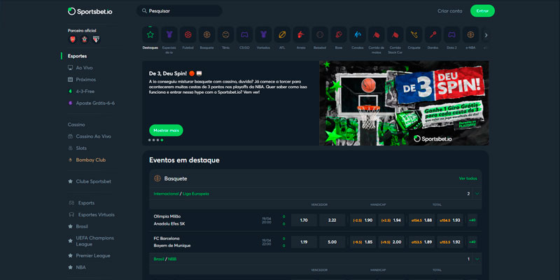 Captura de tela da página de esportes da casa de apostas Sportsbet.io