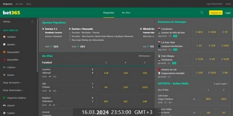 Captura de tela da página de esportes da casa de apostas bet365