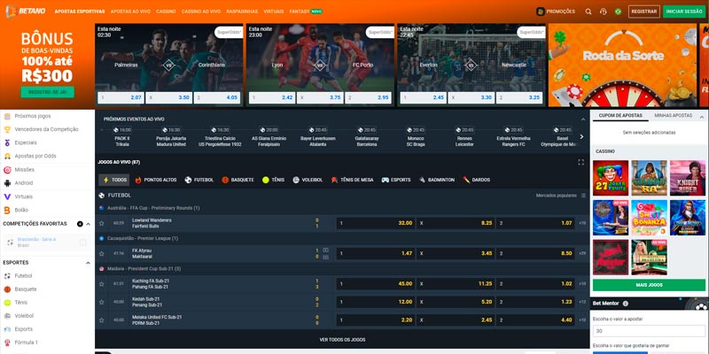 Captura de tela da página de esportes da casa de apostas Betano