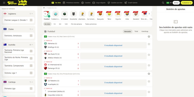 Captura de tela da página de esportes da casa de apostas Parimatch