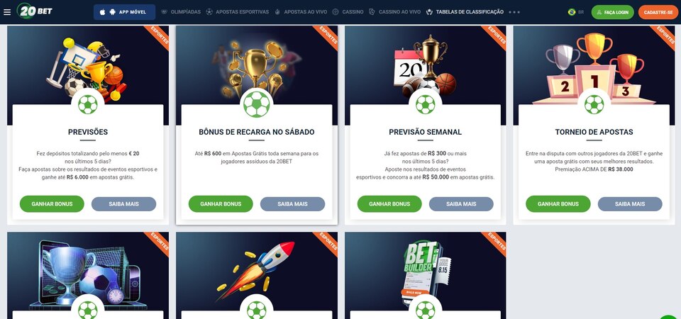 Imagem da pagina com promocoes no 20bet