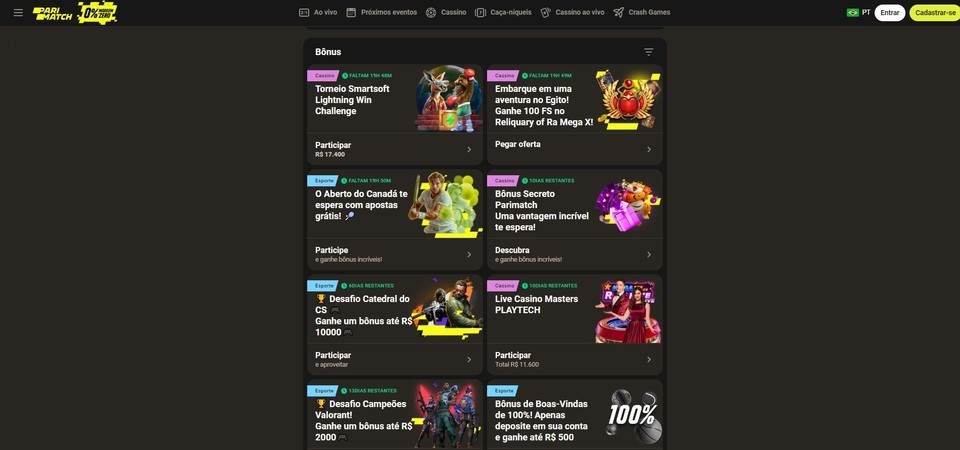 Imagem da pagina com promocoes no Parimatch