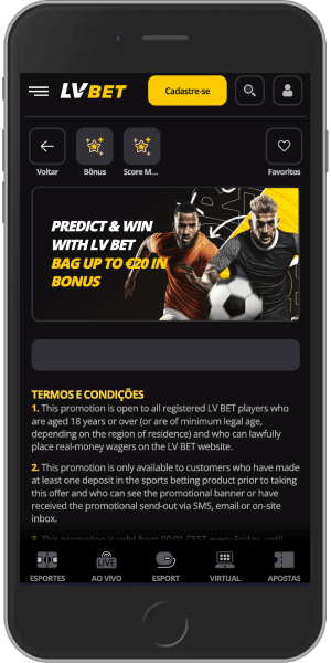 Captura de ecrã móvel do bónus LV BET predict and win