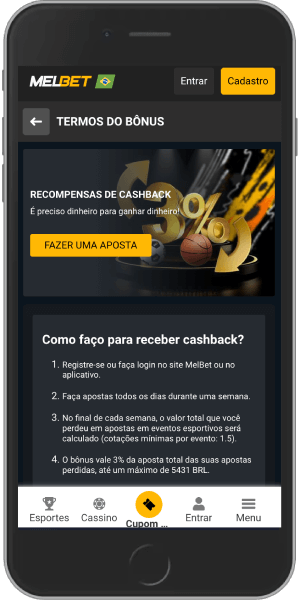 captura de tela do celular do bônus de cashback da melbet