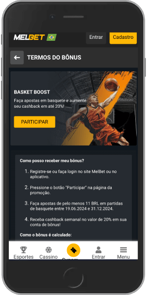 captura de ecrã móvel do bónus melbet basket boost