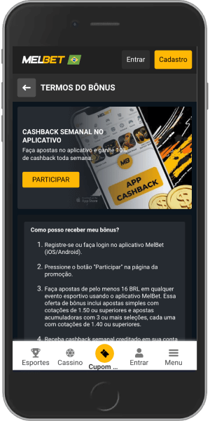 captura de ecrã móvel do bónus melbet cashback no app