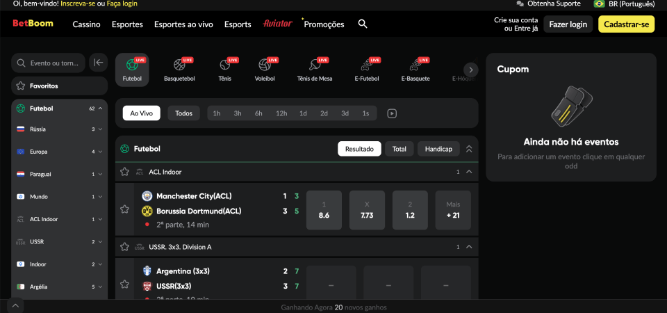 captura de tela da página de esportes do Betboom
