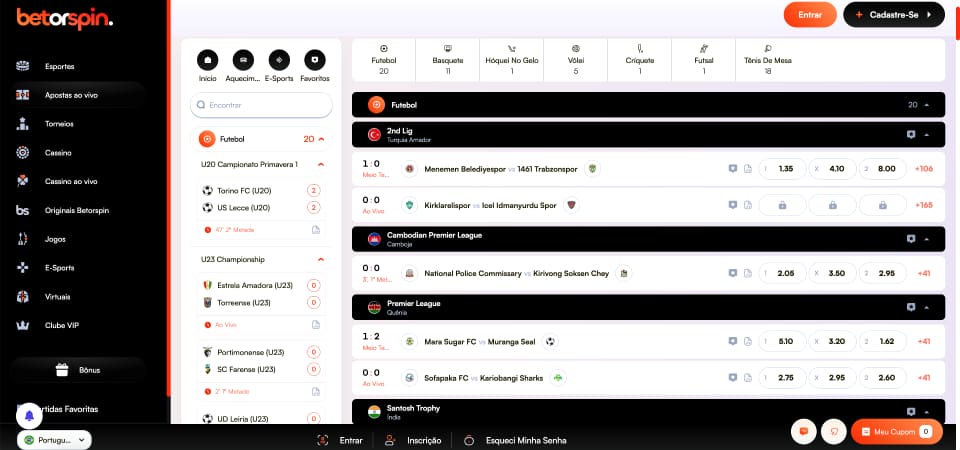 Captura de tela da página de esportes da Betorspin