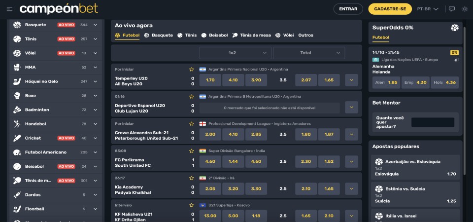 Captura de tela da página de esportes do Campeonbet