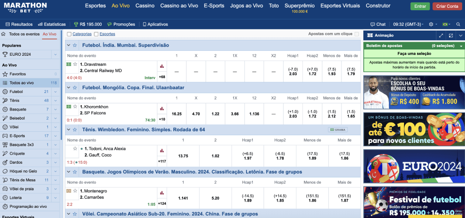 Captura de tela da página ao vivo da Marathonbet