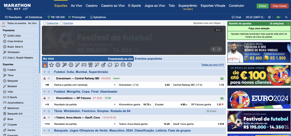 Captura de tela da página de esportes da Marathonbet