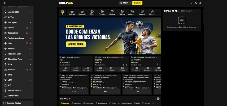 Captura de tela da página de esportes do Borawin