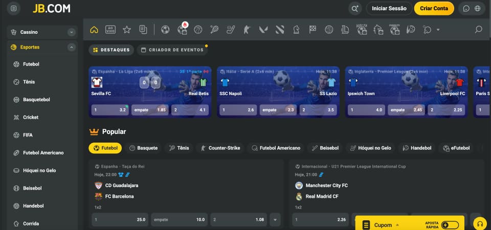 Captura de tela da página de esportes da JB