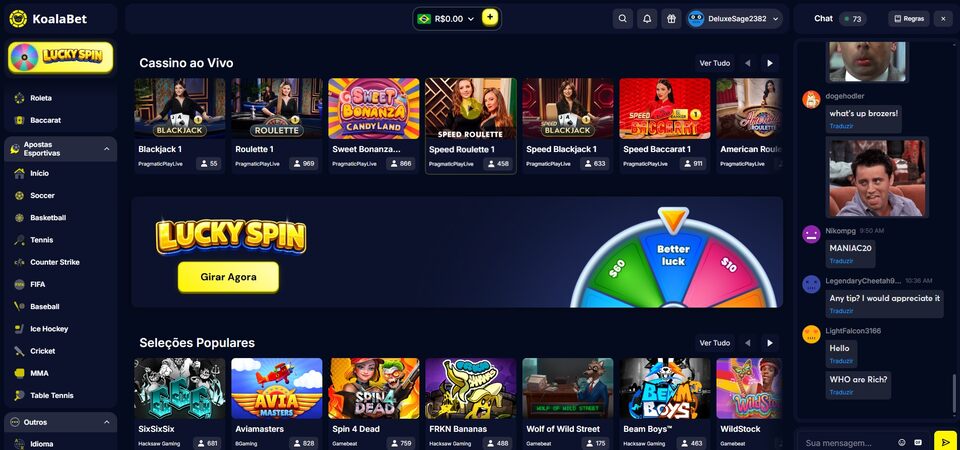 Captura de tela da página principal do Koalabet