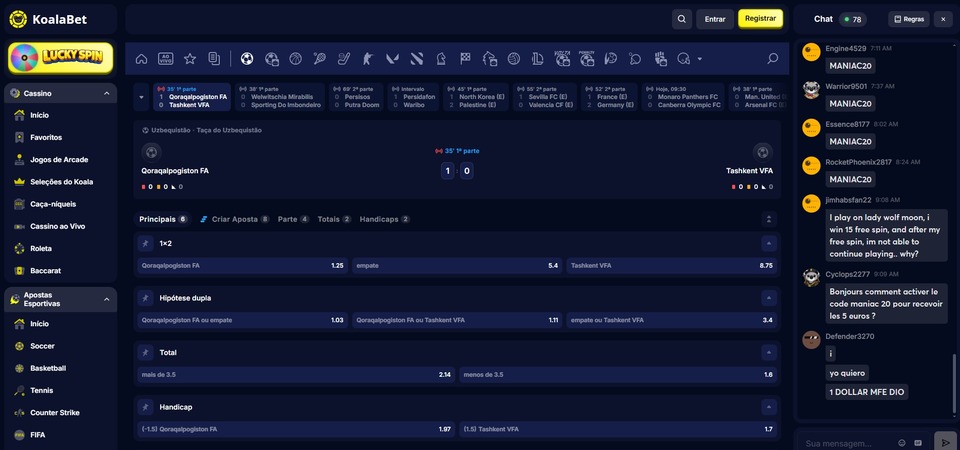 Captura de tela de um evento de apostas ao vivo