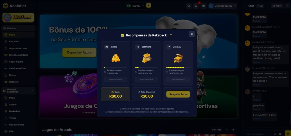 Captura de tela da página de promoções do Koalabet