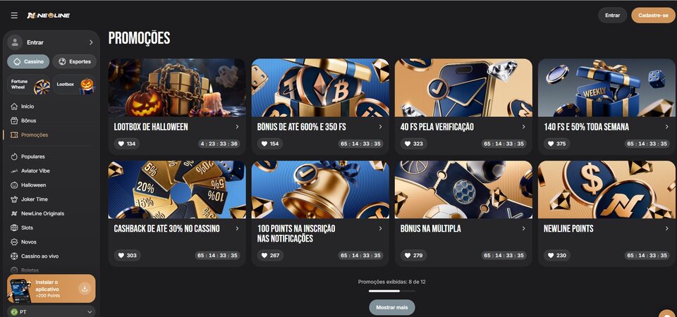 Captura de tela das promoções da New Line