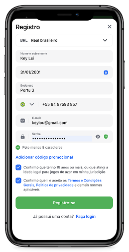 Captura de tela da página de registro da 1win 2