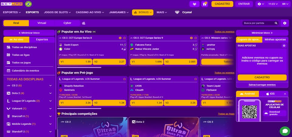 Captura de tela da página de esportes da BetJam