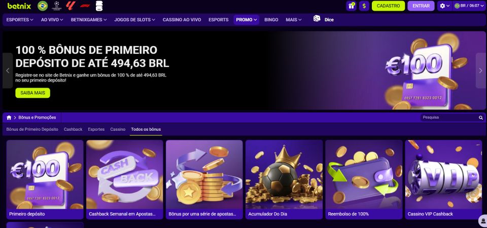 Captura de tela da página de códigos promocionais do Betnix