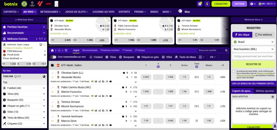 Uma captura de tela da página de esportes do Betnix