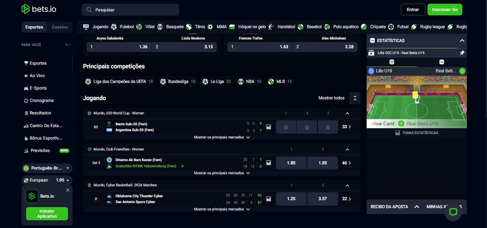 Captura de tela da página de esportes da Bets.io