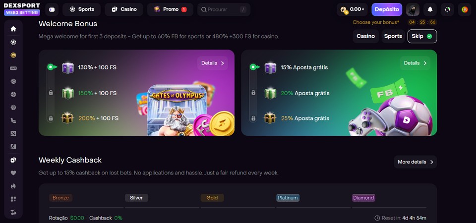 Captura de tela da página de códigos promocionais do Dexsport
