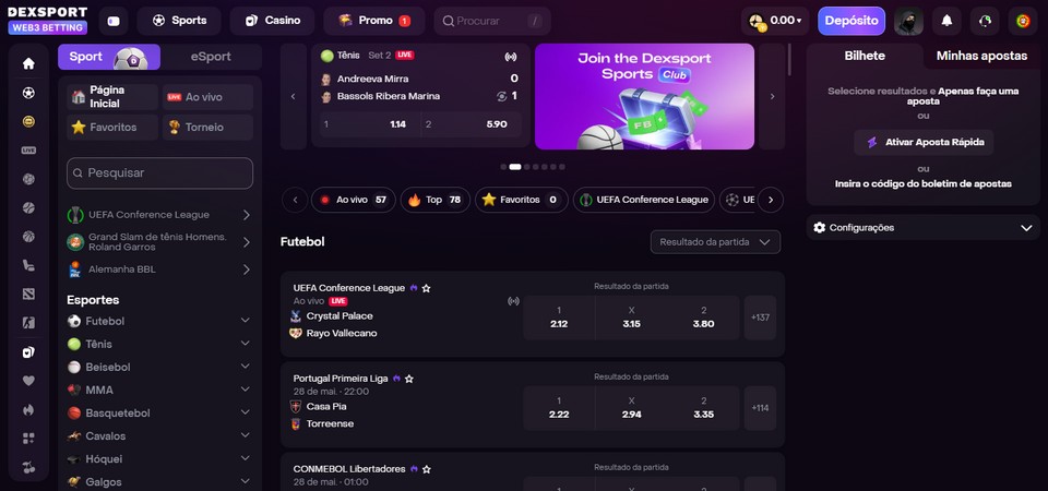 Uma captura de tela da página de esportes do Dexsport