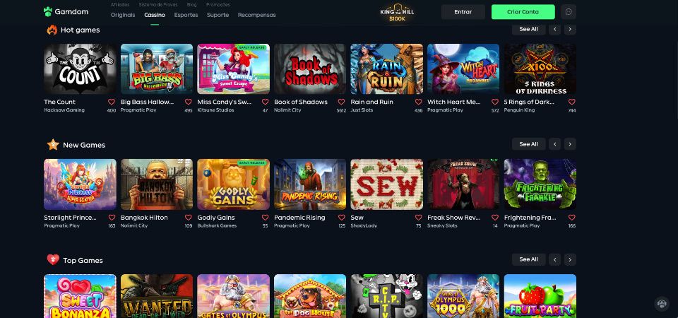 Captura de tela da página do cassino Gamdom