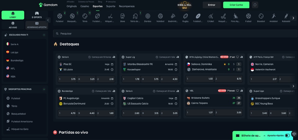 Captura de tela da página de esportes da Gamdom