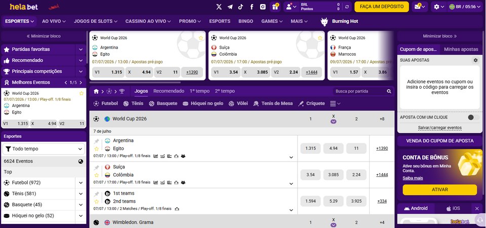 Captura de tela da página de esportes da Helabet