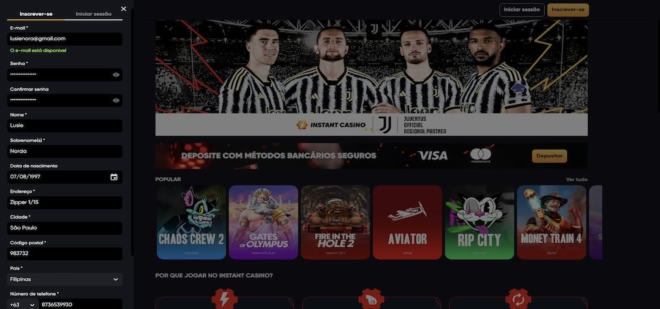 Captura de tela da página de registro do instantcasino preenchida