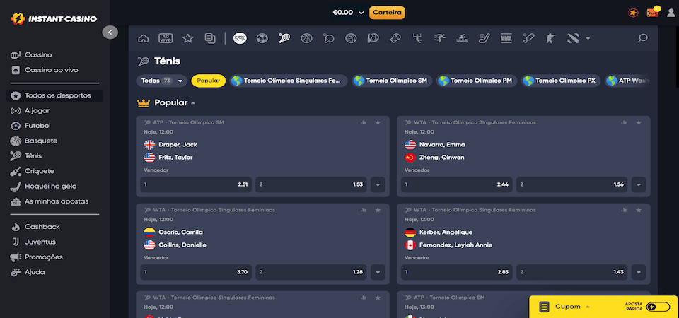 Captura de tela da página de esportes do InstantCasino