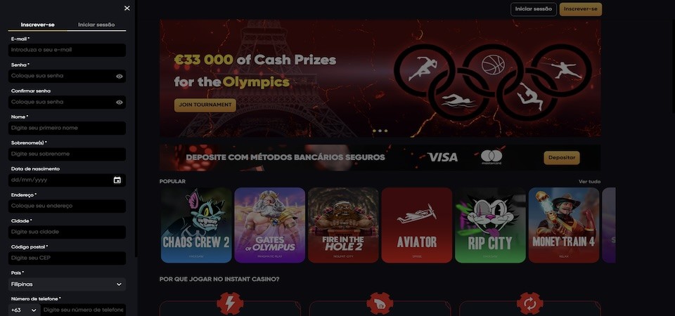 Captura de tela da página de registro do instantcasino