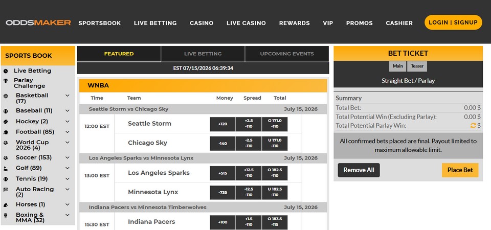 Captura de tela da página de esportes da OddsMaker