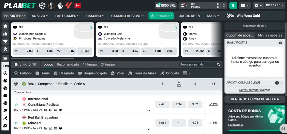Captura de tela da página de esportes da PLANBET