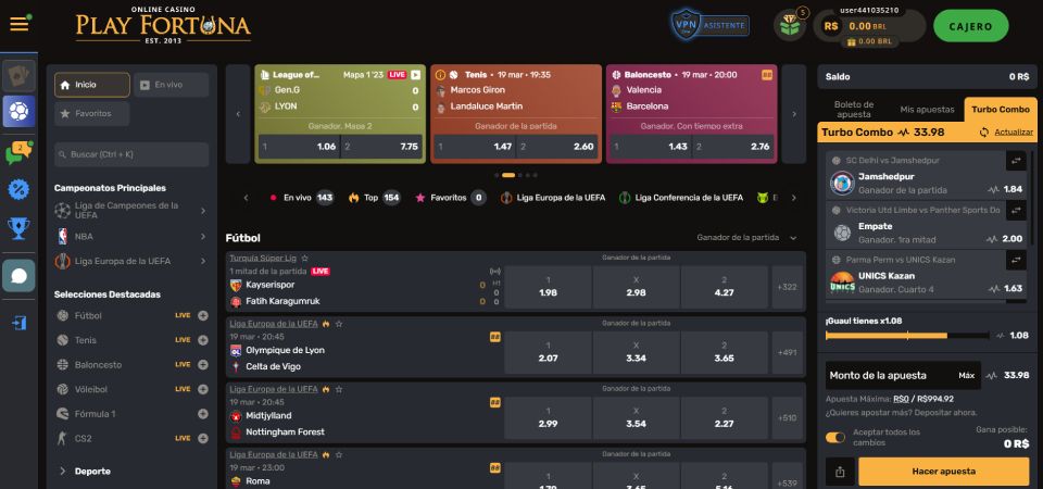 Uma captura de tela da página de esportes do Play Fortuna.