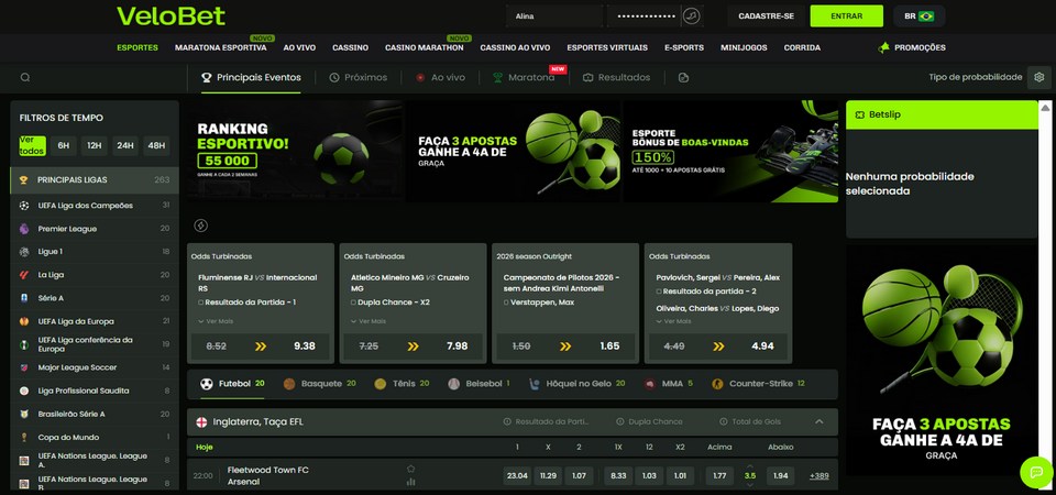 Captura de tela da página de esportes do Velobet