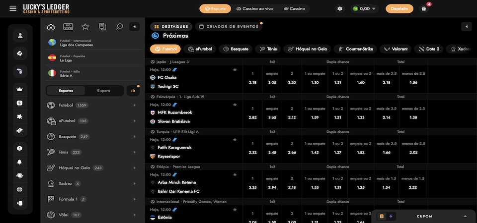 Captura de tela da página de esportes do Lucky's Ledger
