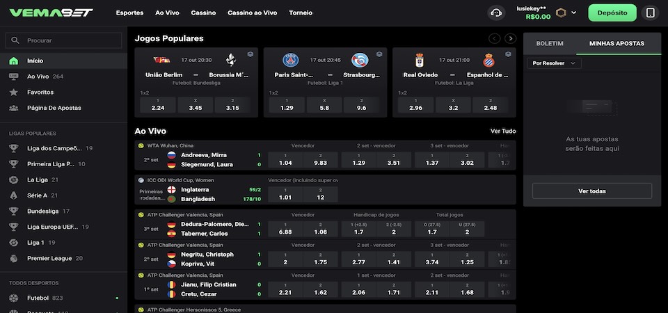 Captura de tela da página de esportes da Vemabet