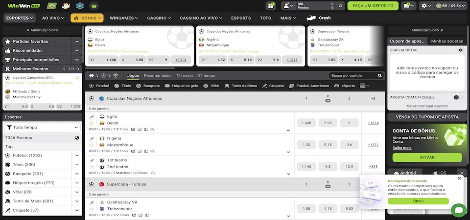 Captura de tela da página de esportes do WinWin