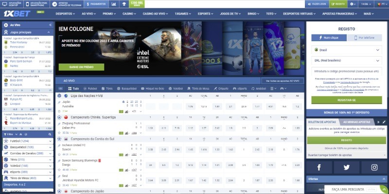 Página de esportes da casa de apostas 1xBet